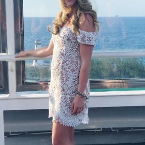 boohoo lace overlay bardot dress